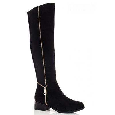 Black Faux Suede Zip Detail Knee High Boots